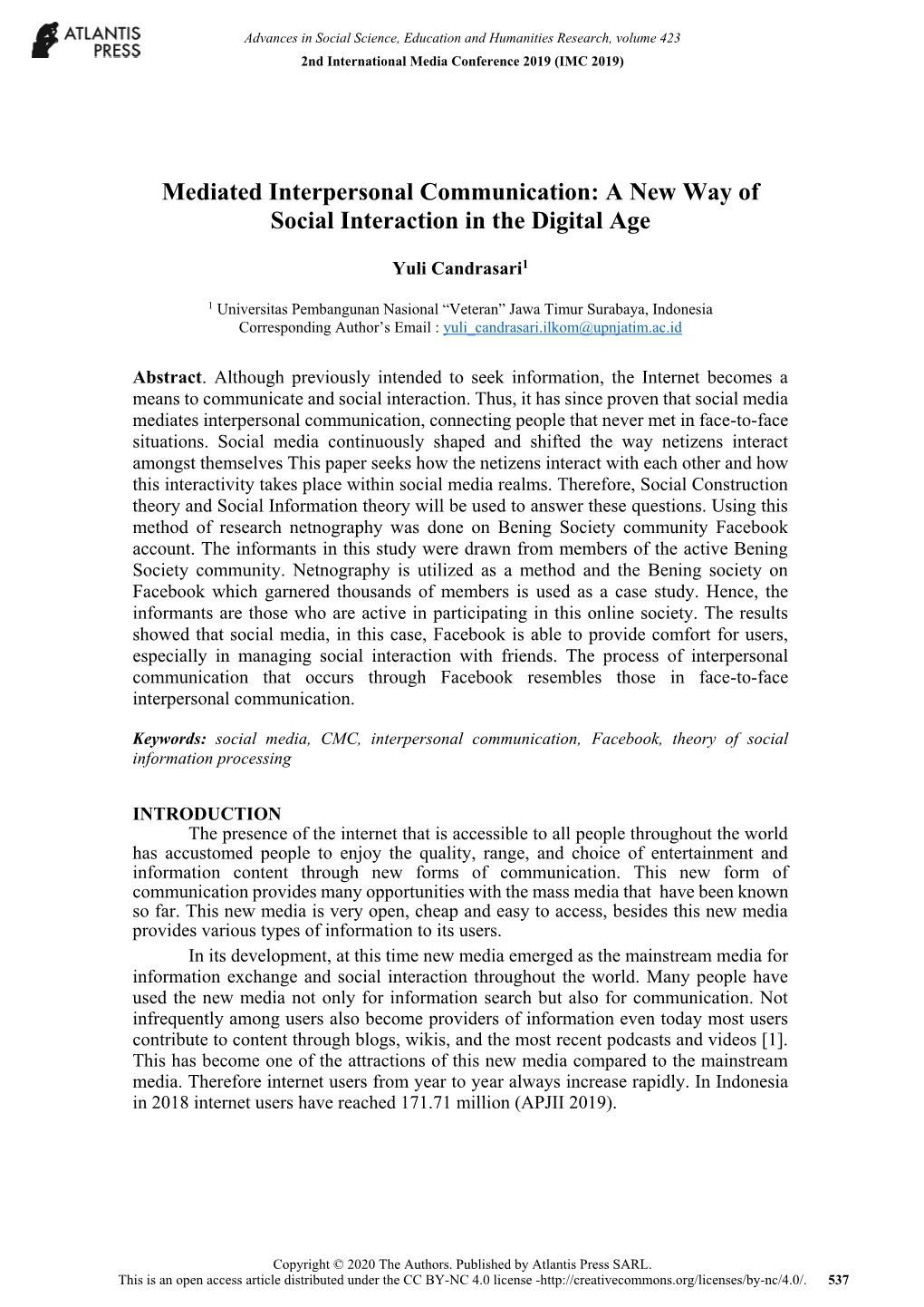 Mediated Interpersonal Communication: a New Way of Social Interaction in the Digital Age