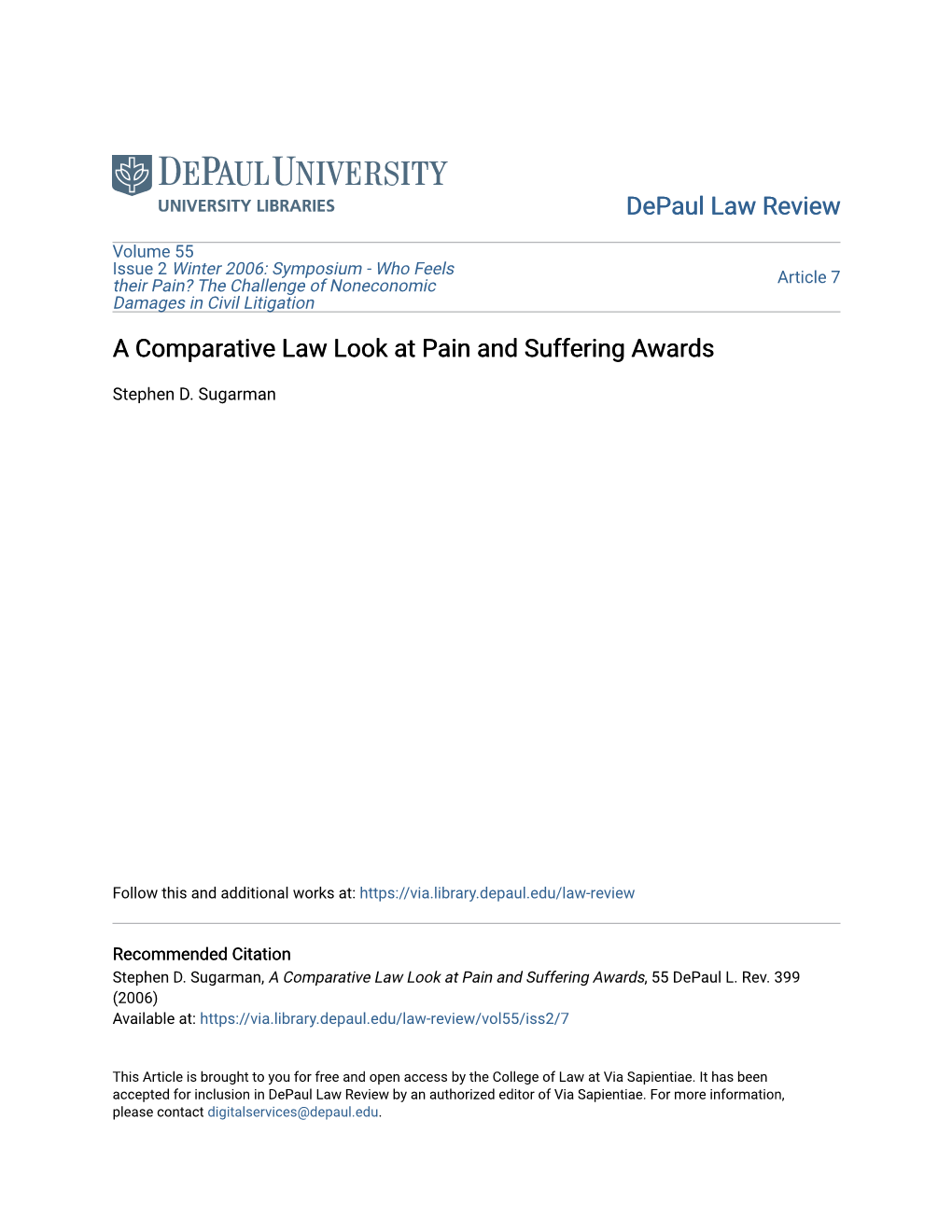 A Comparative Law Look at Pain and Suffering Awards