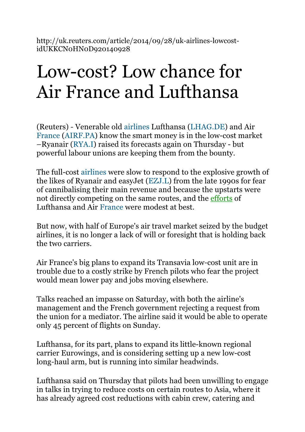 Low-Cost? Low Chance for Air France and Lufthansa