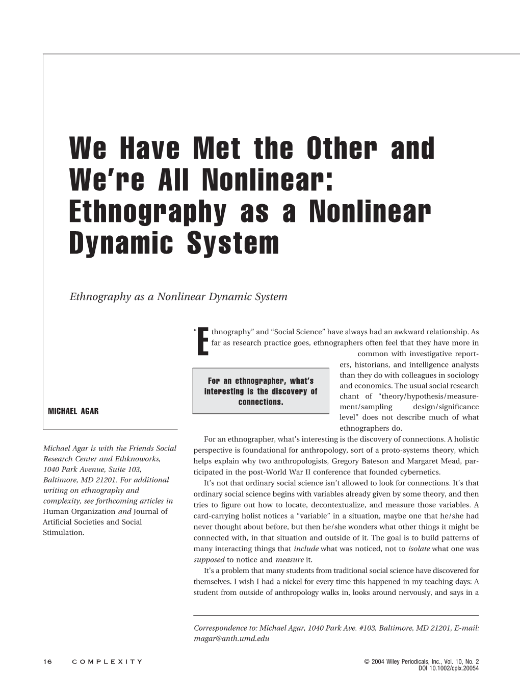 Ethnography As a Nonlinear Dynamic System
