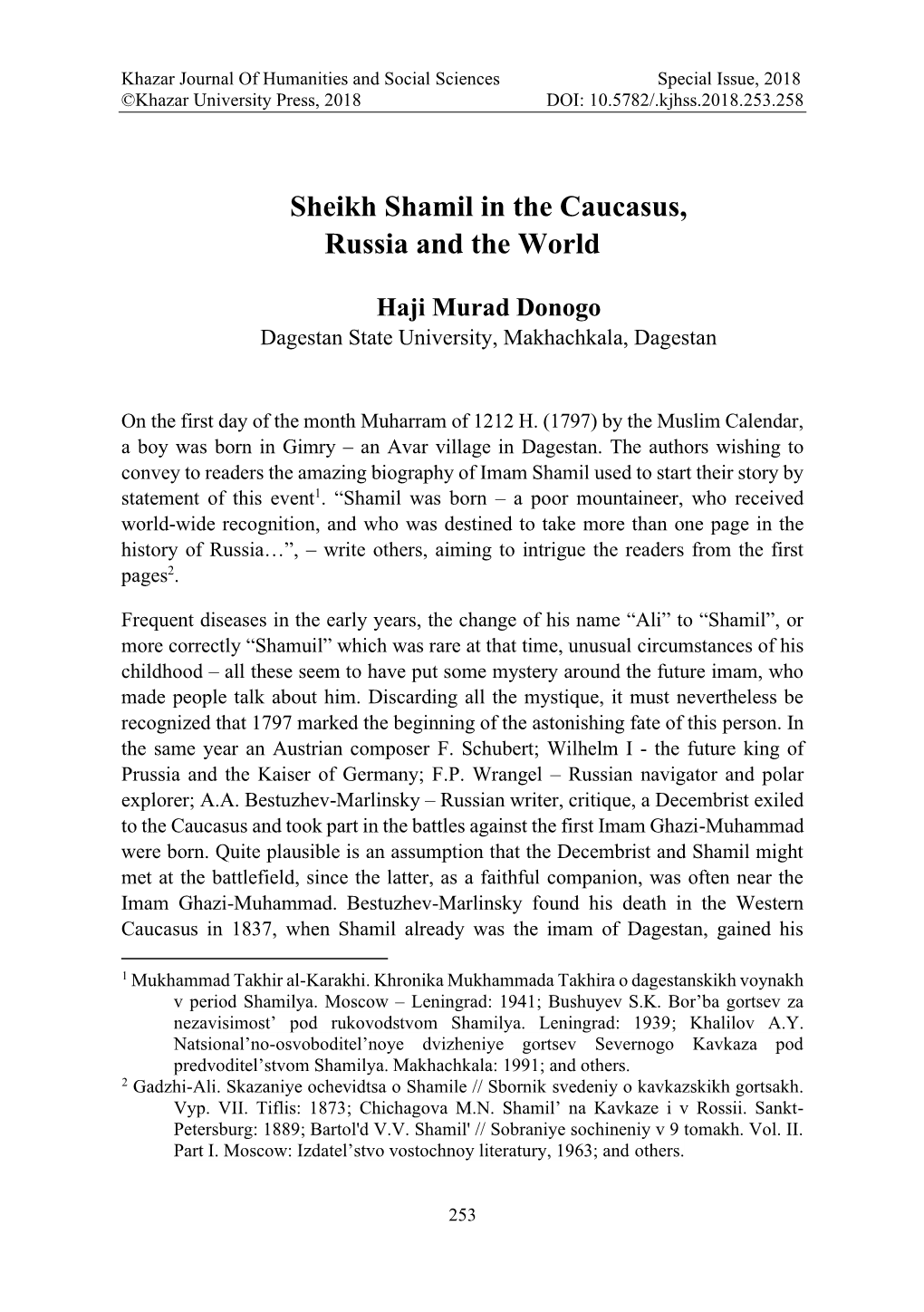 Sheikh Shamil in the Caucasus, Russia and the World