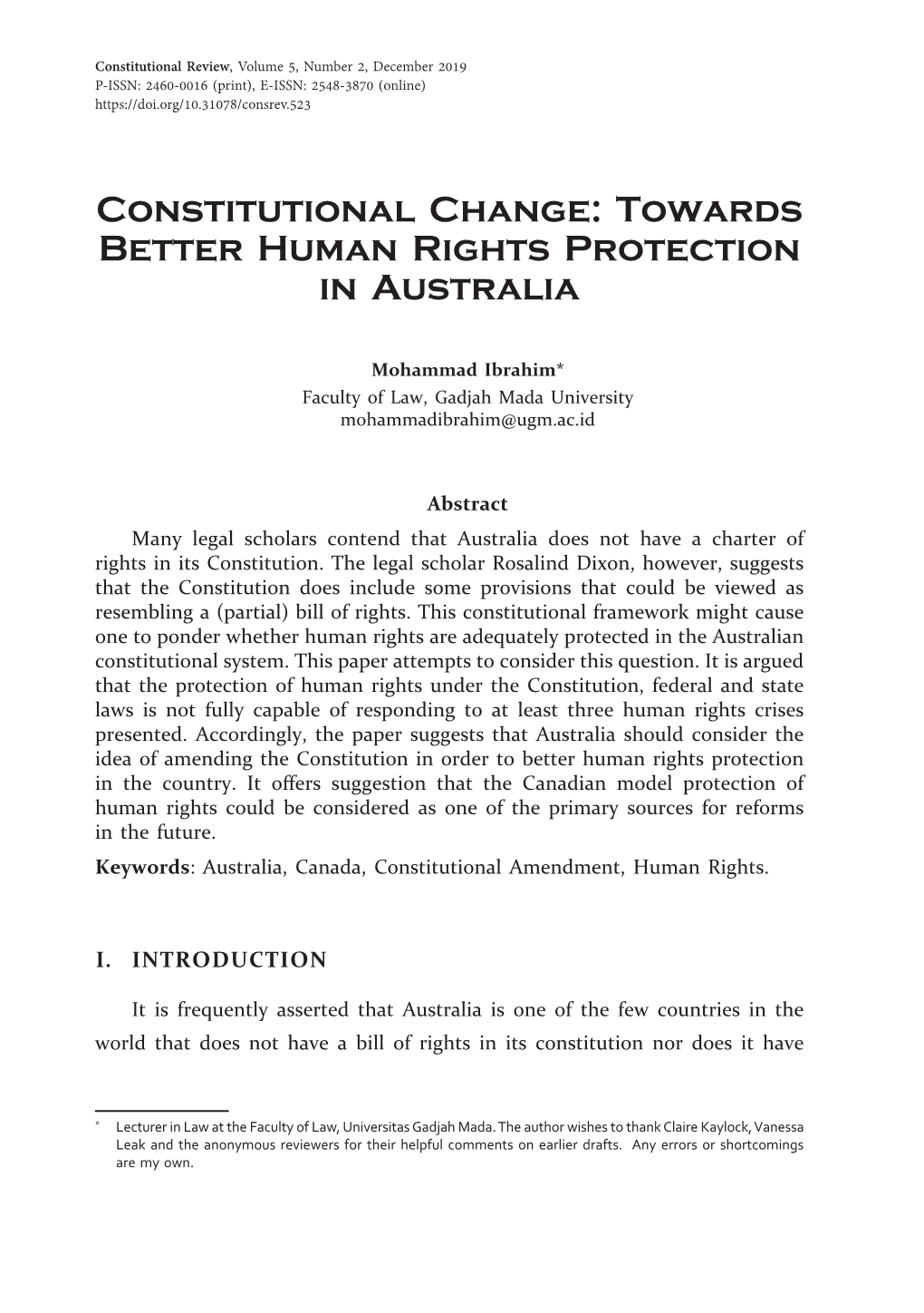 Constitutional Change: Towards Better Human Rights Protection in Australia