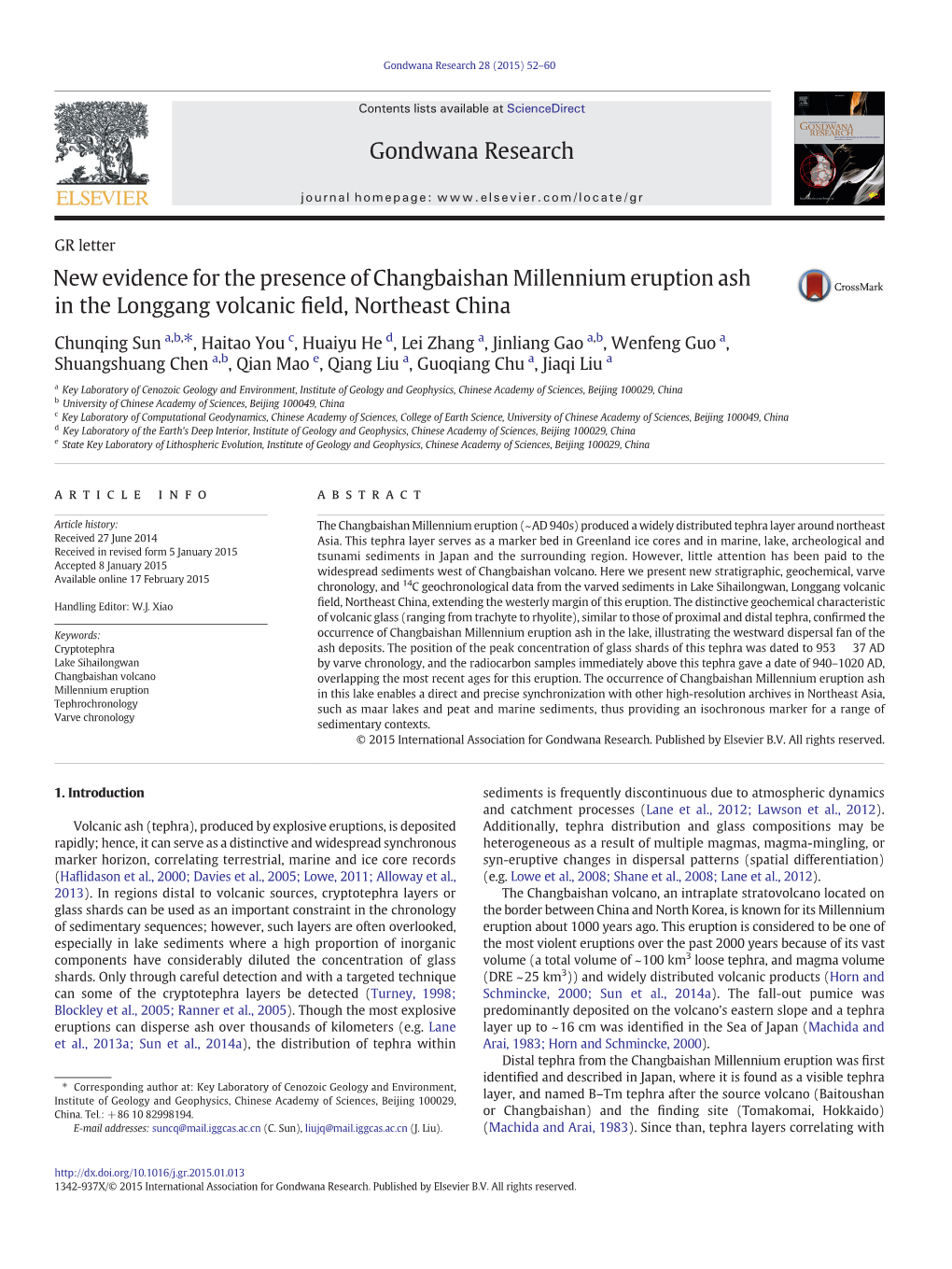 New Evidence for the Presence of Changbaishan Millennium Eruption Ash in the Longgang Volcanic Field, Northeast China