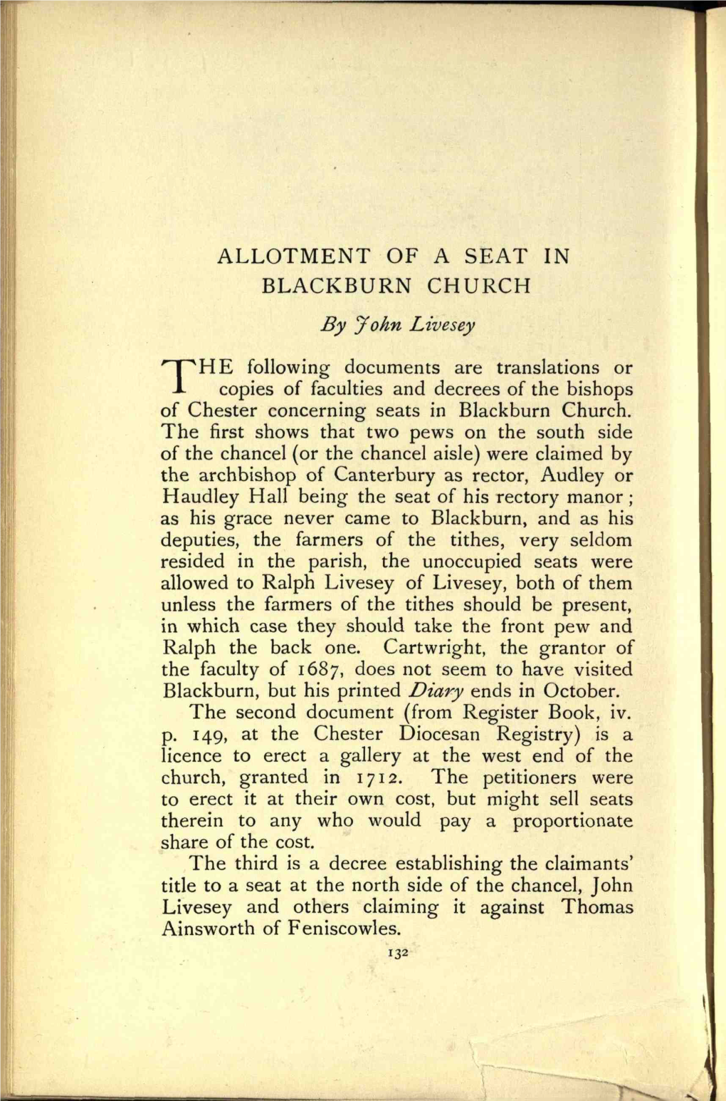 ALLOTMENT of a SEAT in BLACKBURN CHURCH by John Livesey
