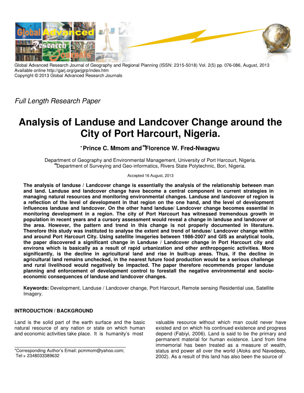 Analysis of Landuse and Landcover Change Around the City of Port Harcourt, Nigeria