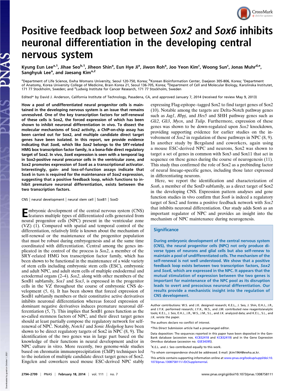 Positive Feedback Loop Between Sox2 and Sox6 Inhibits Neuronal Differentiation in the Developing Central Nervous System