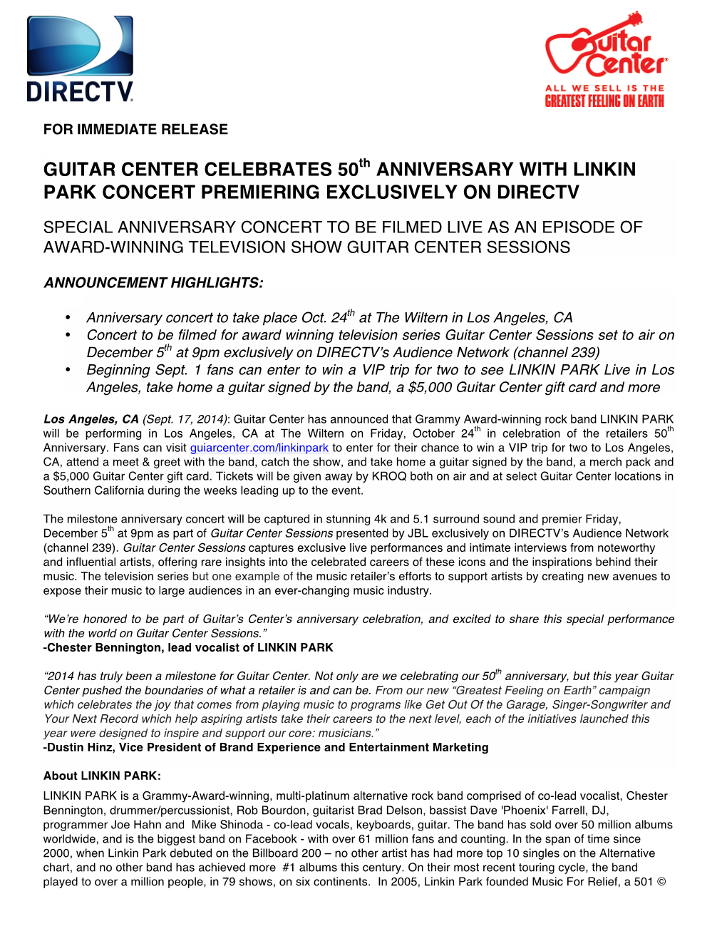 Guitar Center Celebrates 50 Anniversary with Linkin