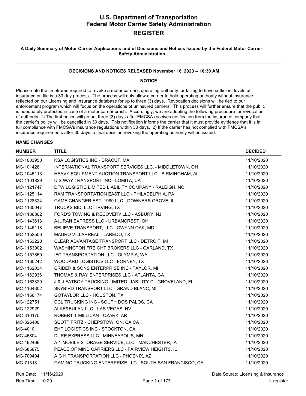 U.S. Department of Transportation Federal Motor Carrier Safety Administration REGISTER