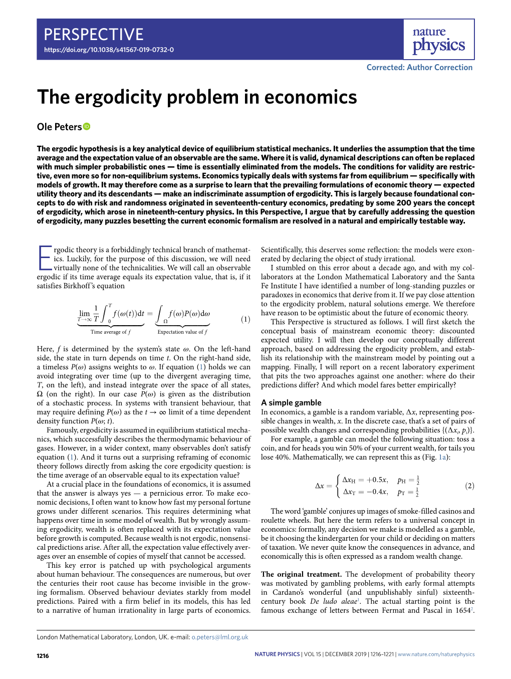 The Ergodicity Problem in Economics