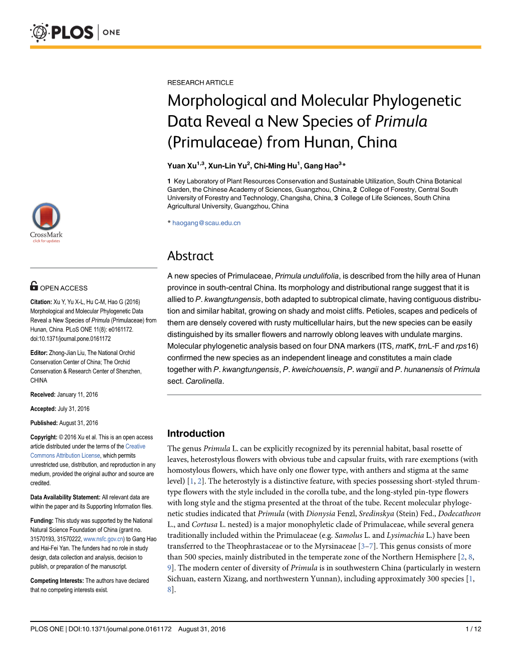 Morphological and Molecular Phylogenetic Data Reveal a New Species of Primula (Primulaceae) from Hunan, China