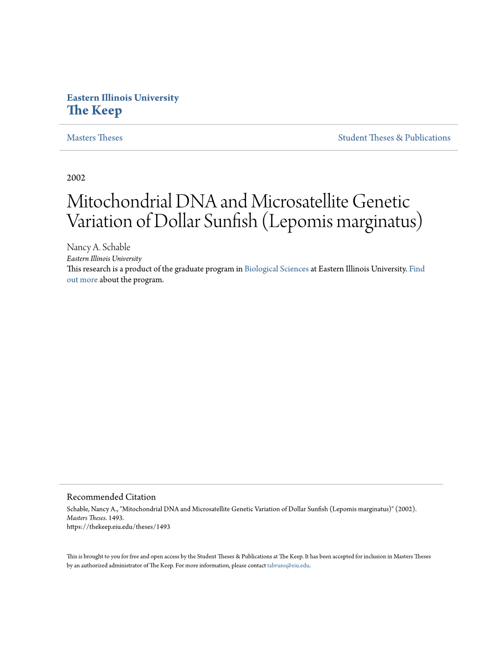 Mitochondrial DNA and Microsatellite Genetic Variation of Dollar Sunfish (Lepomis Marginatus) Nancy A