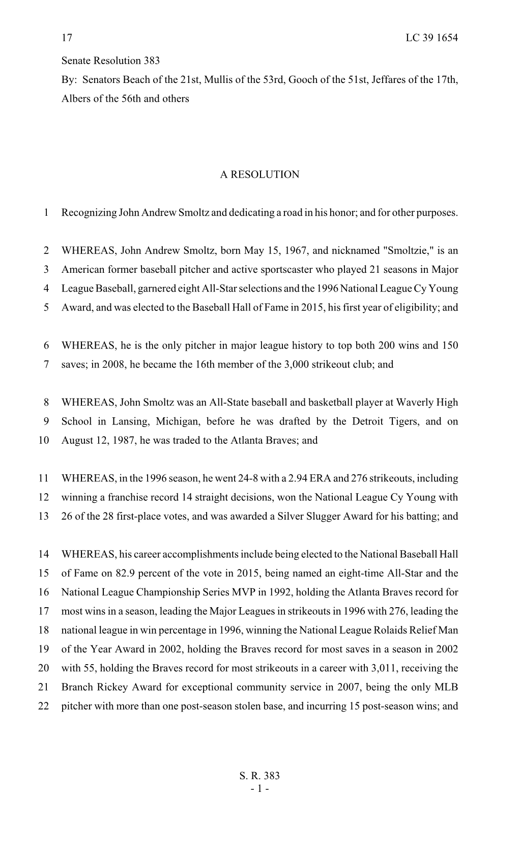 Senate Resolution 383 By: Senators Beach of the 21St, Mullis of the 53Rd, Gooch of the 51St, Jeffares of the 17Th, Albers of the 56Th and Others