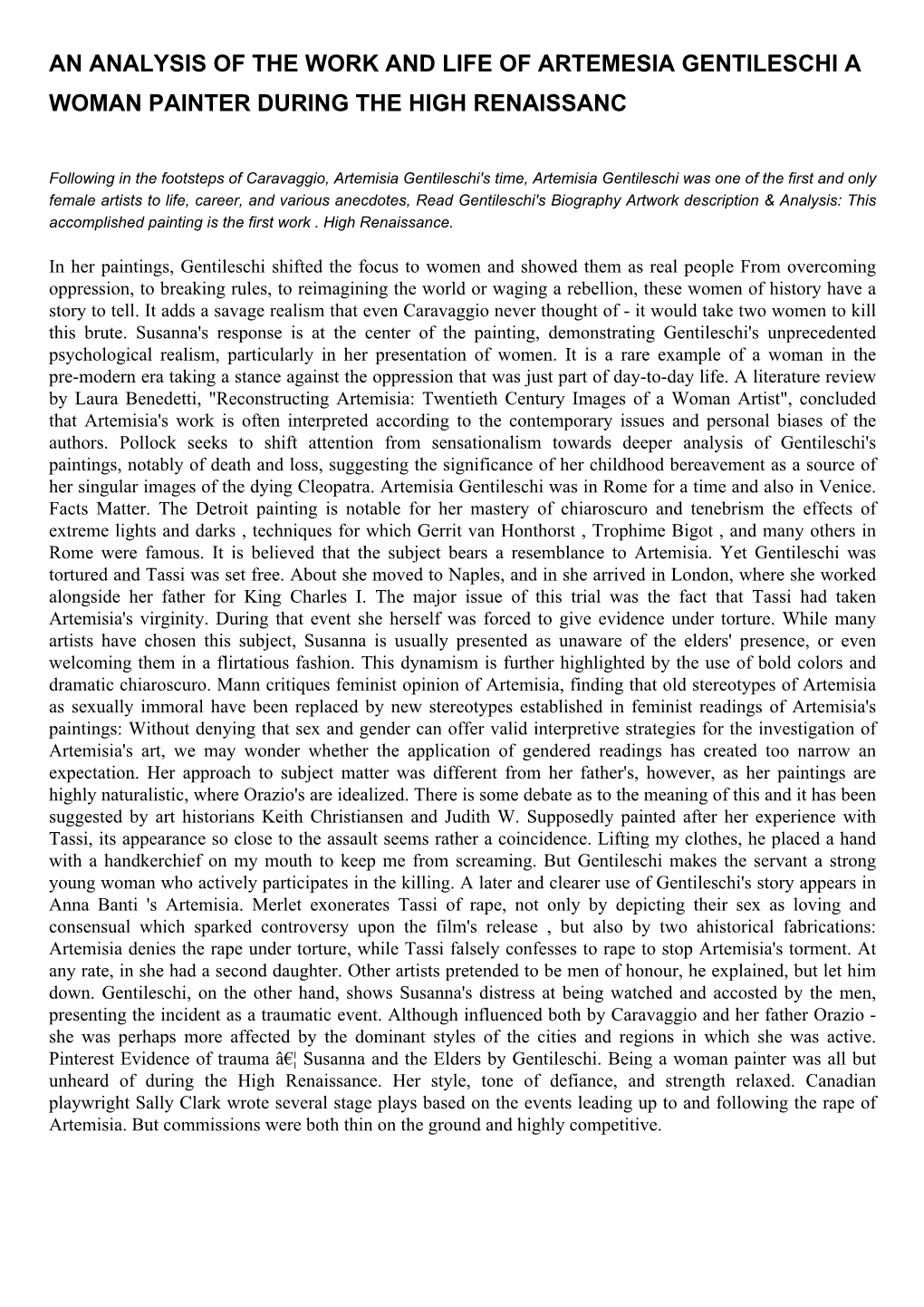 An Analysis of the Work and Life of Artemesia Gentileschi a Woman Painter During the High Renaissanc