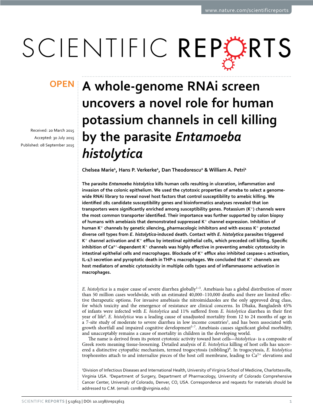 A Whole-Genome Rnai Screen Uncovers a Novel Role for Human Potassium Channels in Cell Killing by the Parasite Entamoeba Histolytica