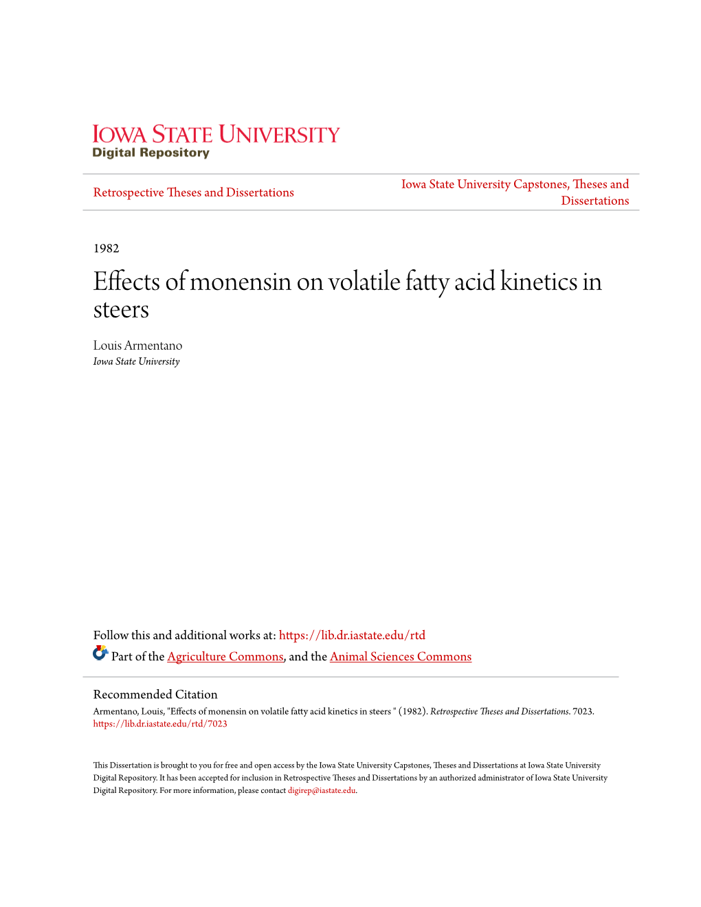 Effects of Monensin on Volatile Fatty Acid Kinetics in Steers Louis Armentano Iowa State University