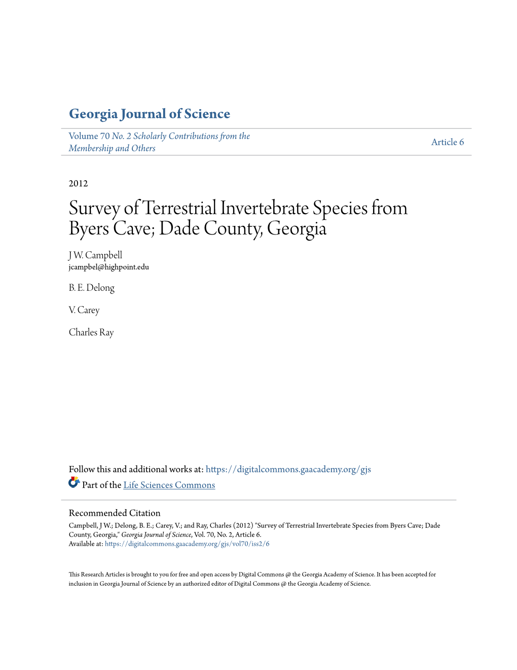 Survey of Terrestrial Invertebrate Species from Byers Cave; Dade County, Georgia J W