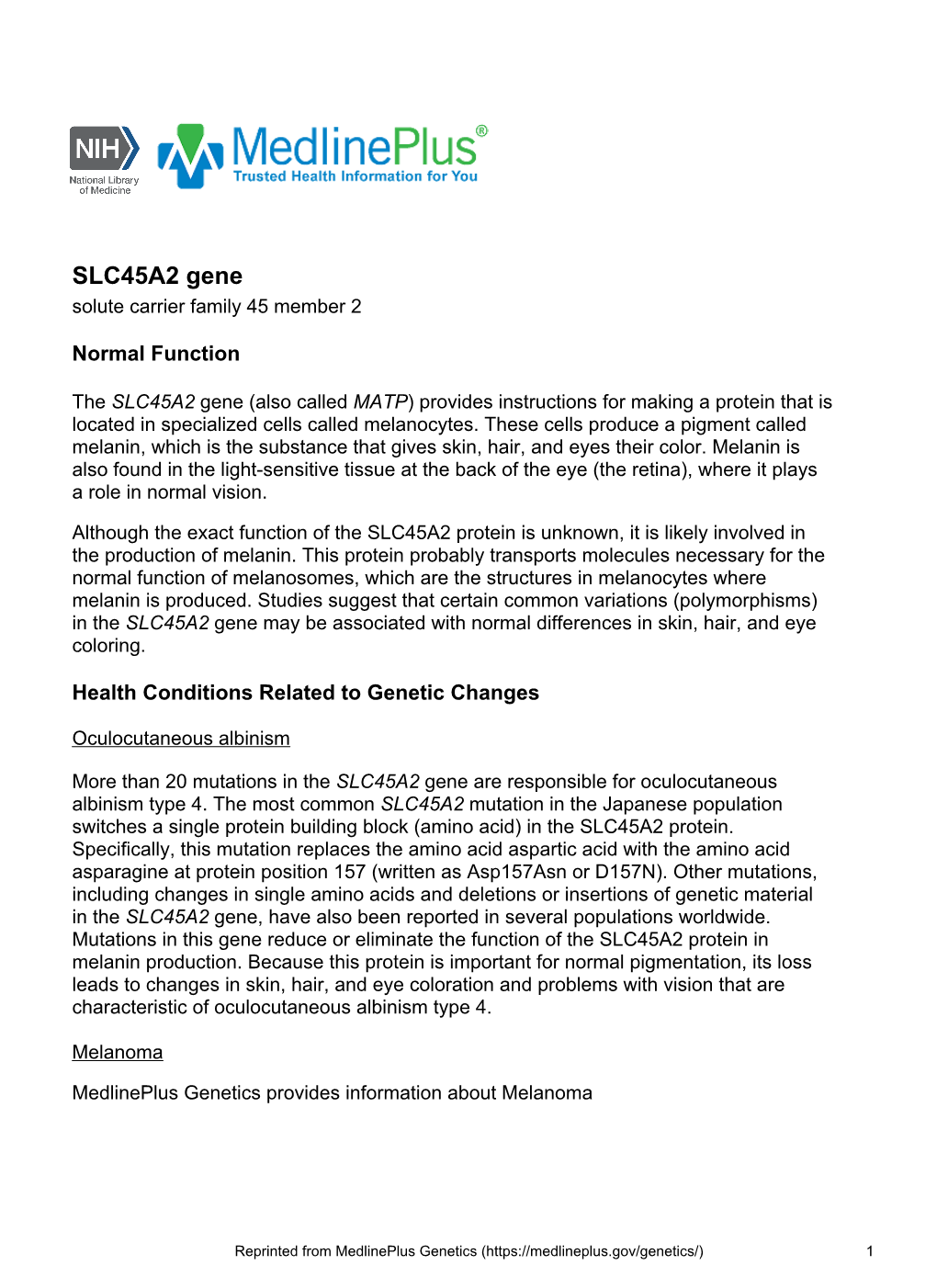 SLC45A2 Gene Solute Carrier Family 45 Member 2