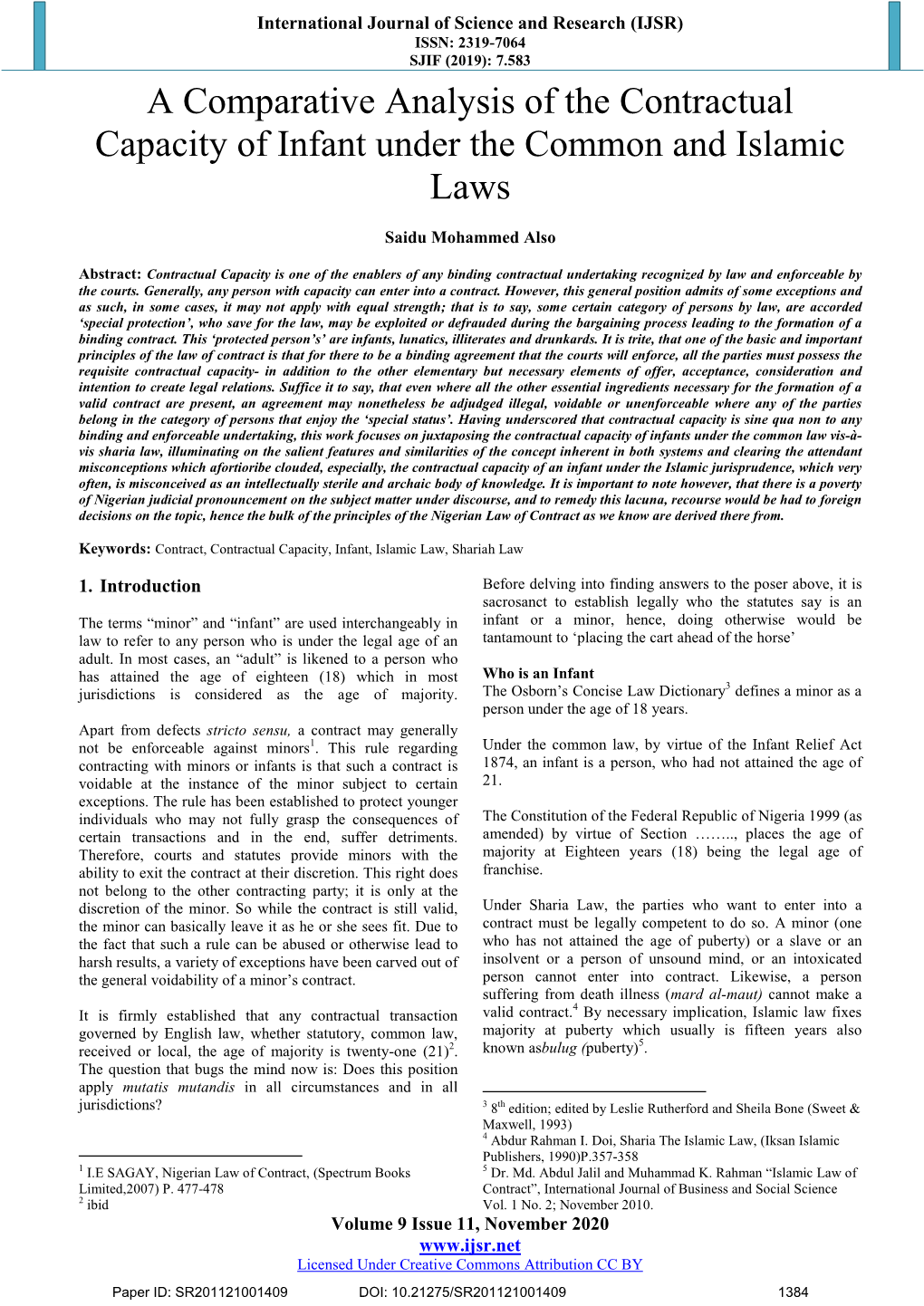 A Comparative Analysis of the Contractual Capacity of Infant Under the Common and Islamic