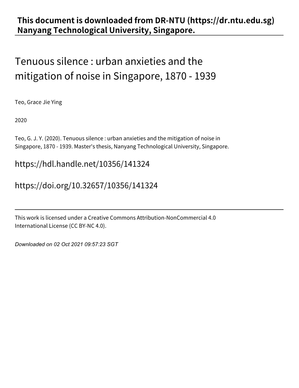 Urban Anxieties and the Mitigation of Noise in Singapore, 1870 ‑ 1939