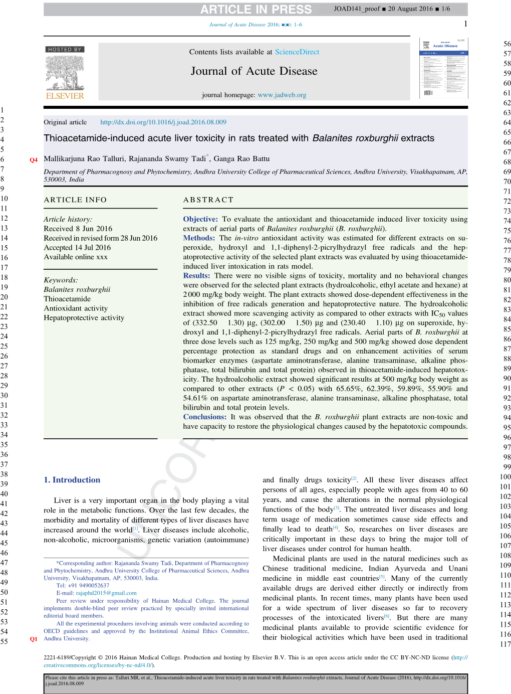 Thioacetamide-Induced Acute Liver Toxicity in Rats Treated with Balanites