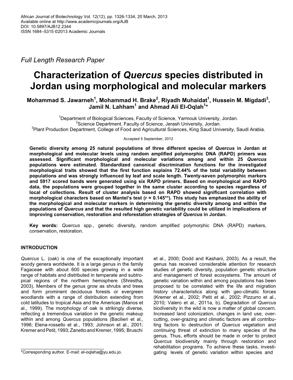 Characterization of Quercus Species Distributed in Jordan Using Morphological and Molecular Markers