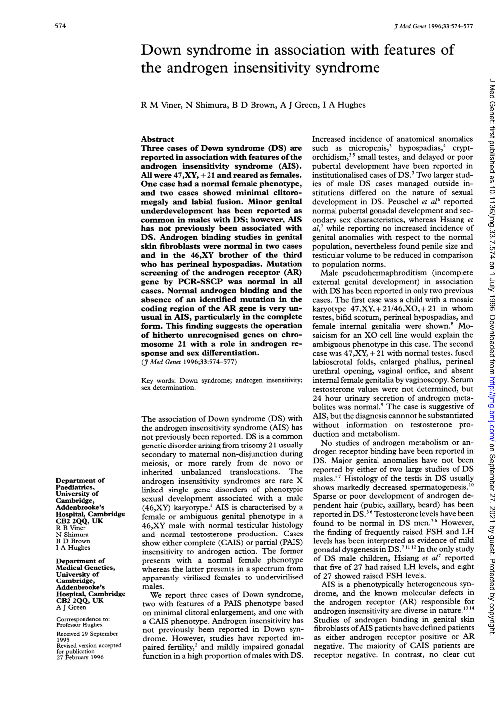 The Androgen Insensitivity Syndrome J Med Genet: First Published As 10.1136/Jmg.33.7.574 on 1 July 1996