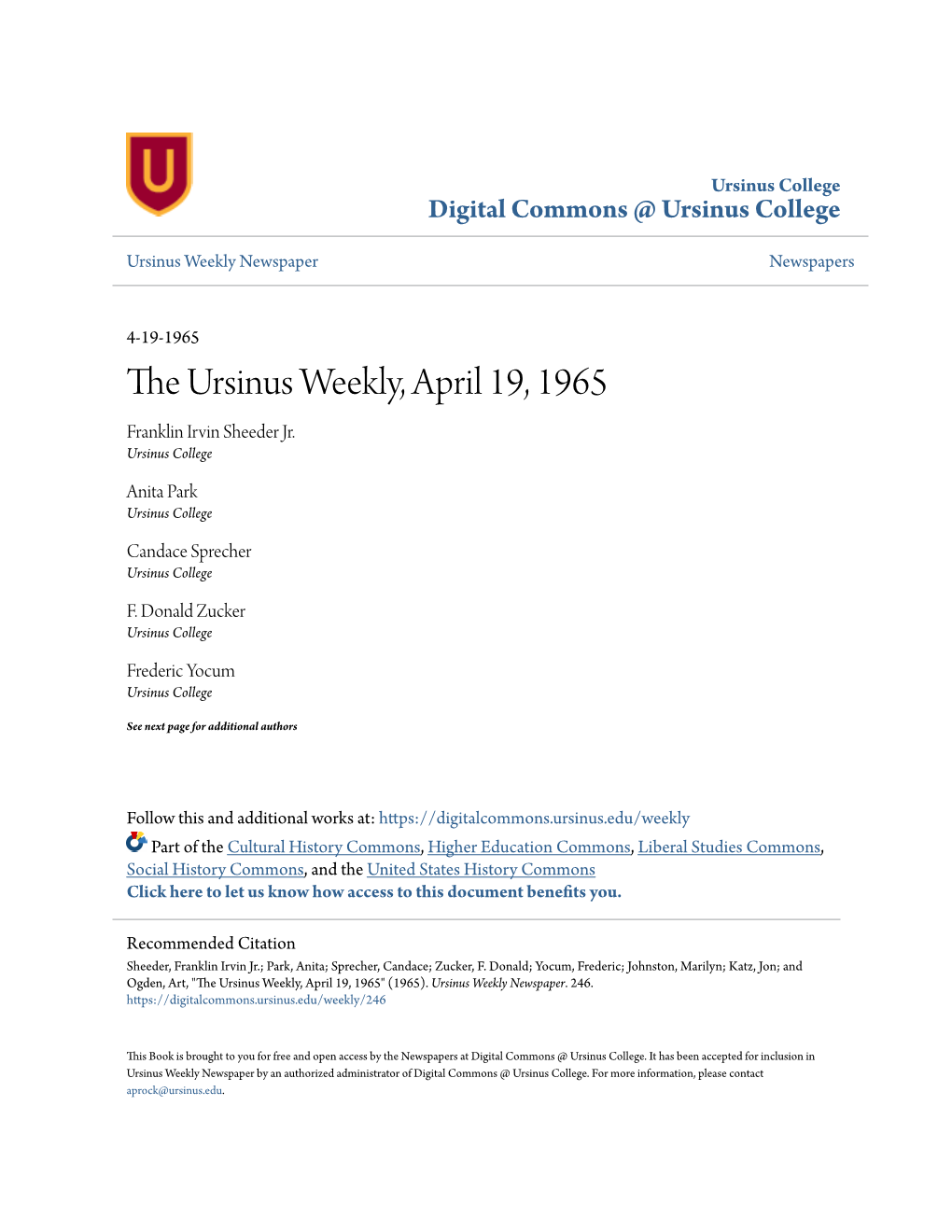 The Ursinus Weekly, April 19, 1965