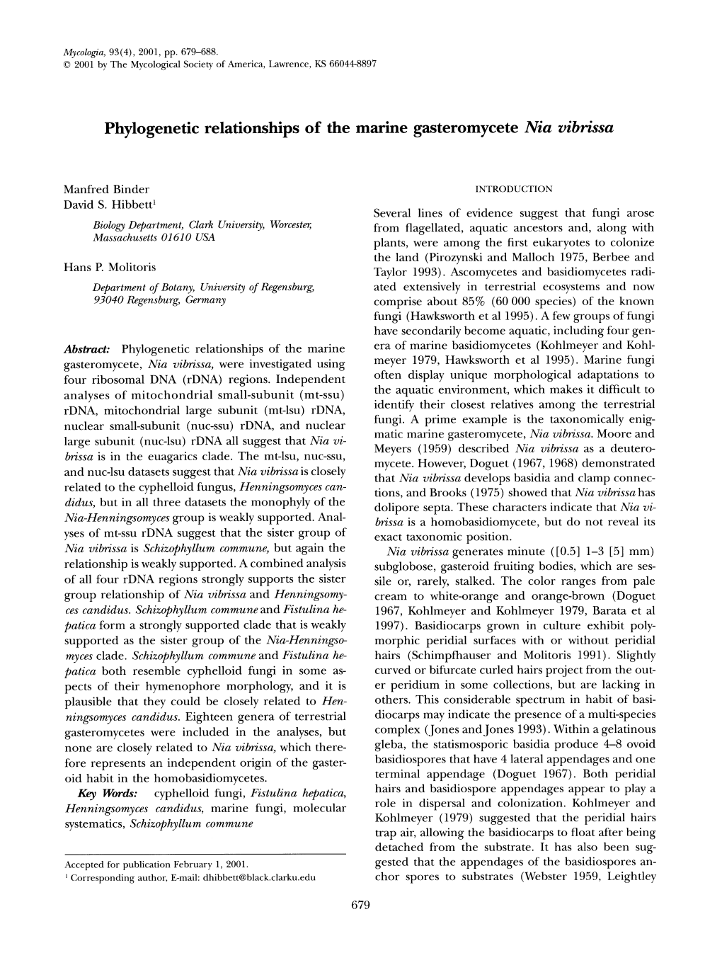 Phylogenetic Relationships of the Marine Gasteromycete Nia Vibrissa