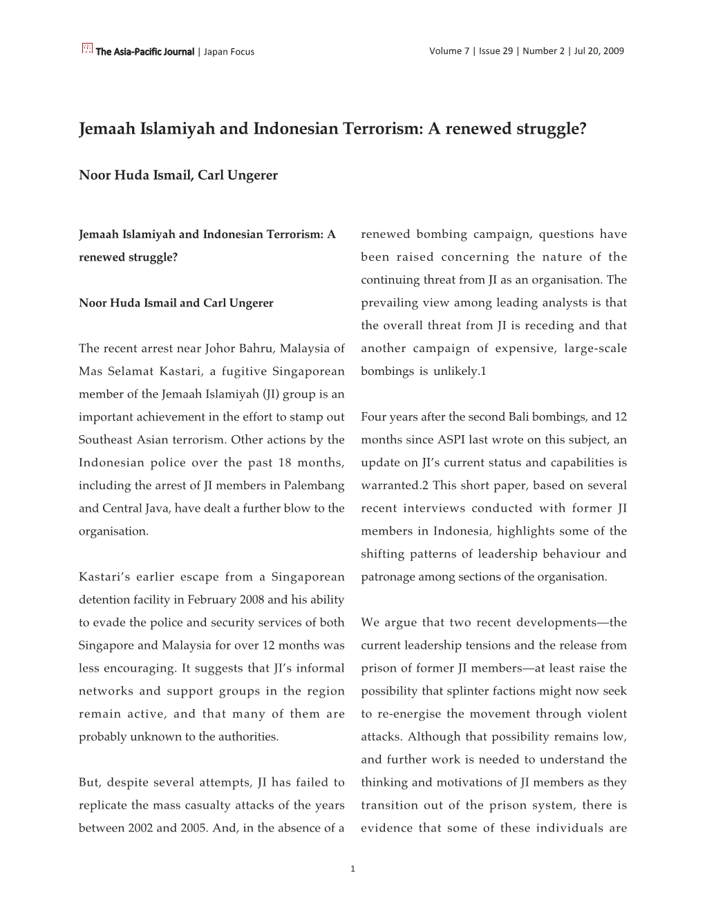 Jemaah Islamiyah and Indonesian Terrorism: a Renewed Struggle?