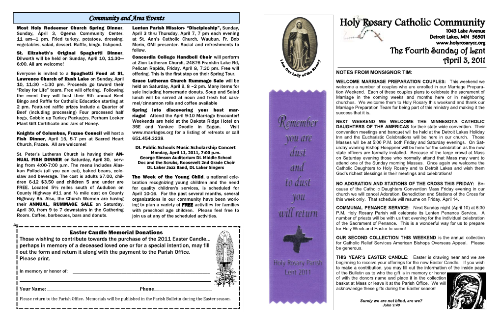 Holy Rosary Catholic Community Most Holy Redeemer Church Spring Dinner, Lenten Parish Mission- “Discipleship”, Sunday, Sunday, April 3, Ogema Community Center