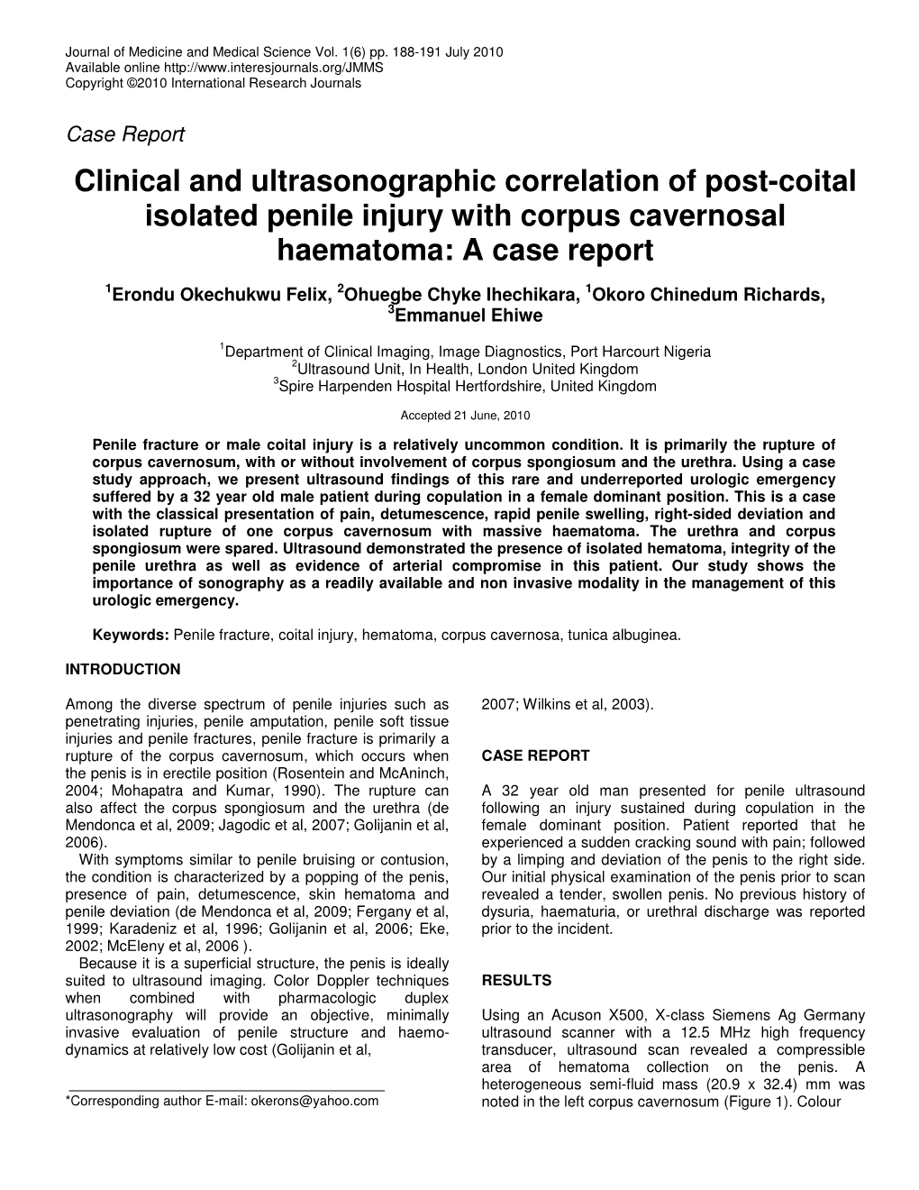 Clinical and Ultrasonographic Correlation of Post-Coital Isolated Penile Injury with Corpus Cavernosal Haematoma: a Case Report