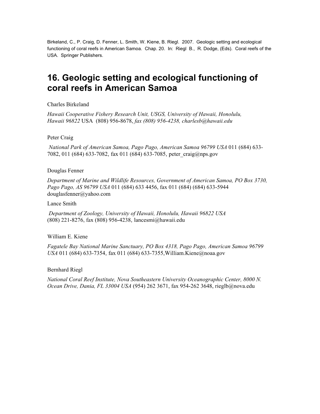 16. Geologic Setting and Ecological Functioning of Coral Reefs in American Samoa