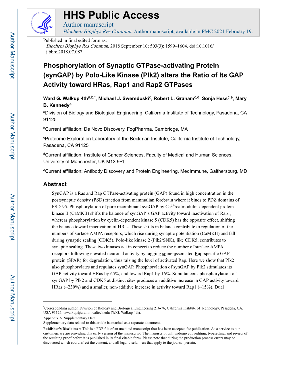 Phosphorylation of Synaptic Gtpase-Activating Protein (Syngap) by Polo-Like Kinase (Plk2) Alters the Ratio of Its GAP Activity Toward Hras, Rap1 and Rap2 Gtpases