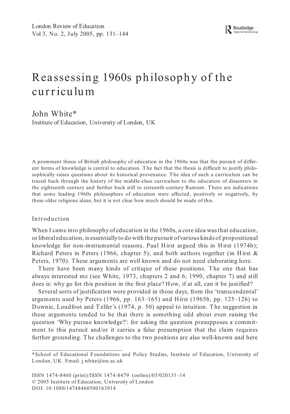 Reassessing 1960S Philosophy of the Curriculum