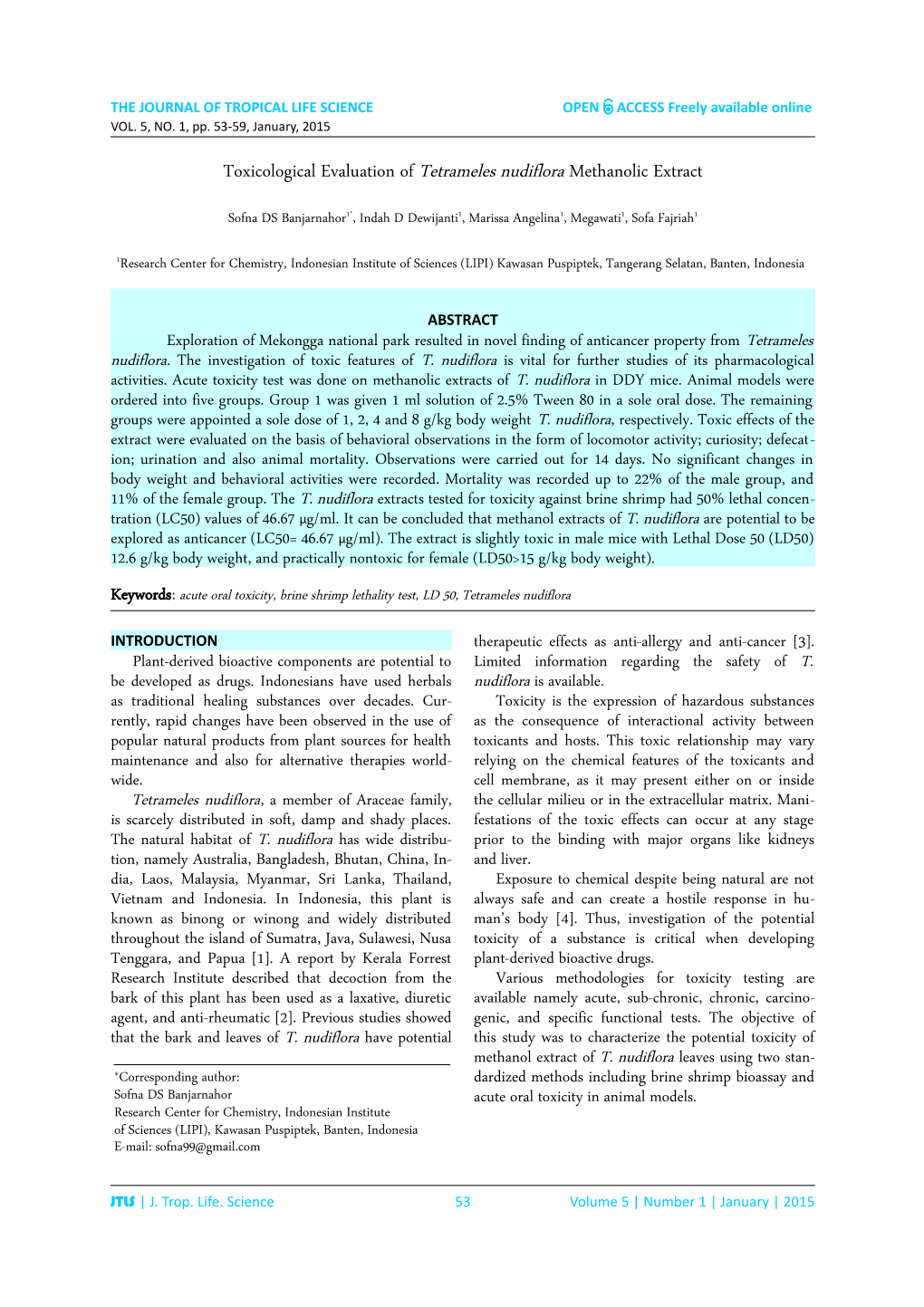 Toxicological Evaluation of Tetrameles Nudiflora Methanolic Extract