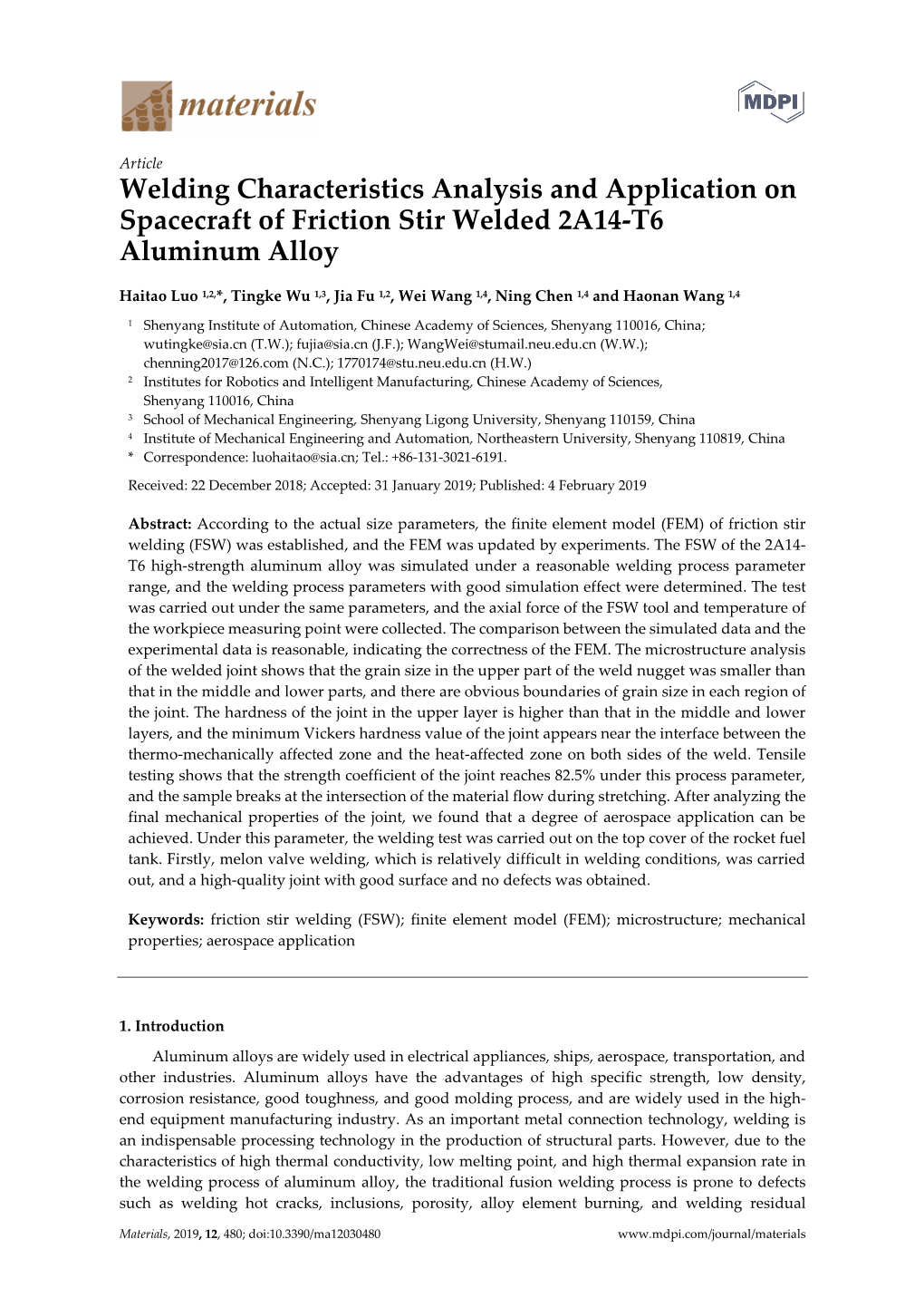 Welding Characteristics Analysis and Application on Spacecraft of Friction Stir Welded 2A14-T6 Aluminum Alloy