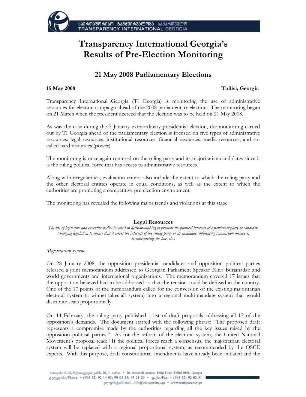 Transparency International Georgia's Results of Pre-Election Monitoring