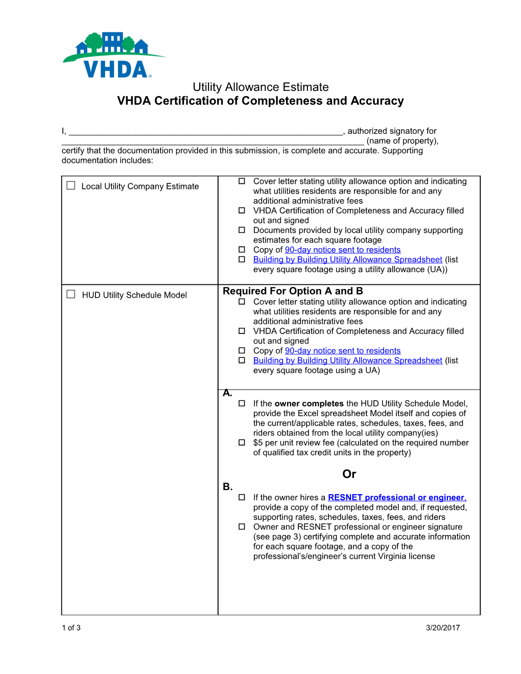 VHDA Utility Allowance Certification