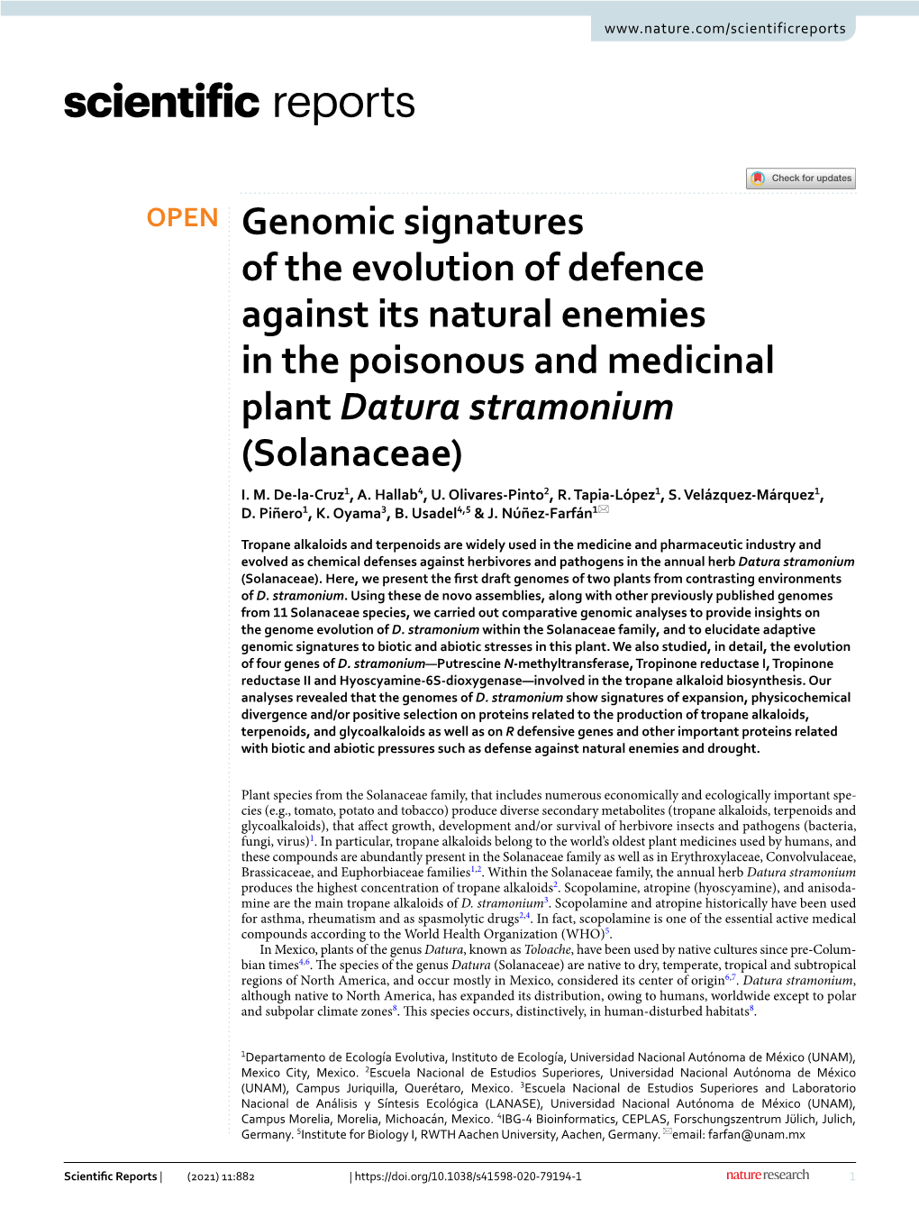 Genomic Signatures of the Evolution of Defence Against Its Natural Enemies in the Poisonous and Medicinal Plant Datura Stramonium (Solanaceae) I