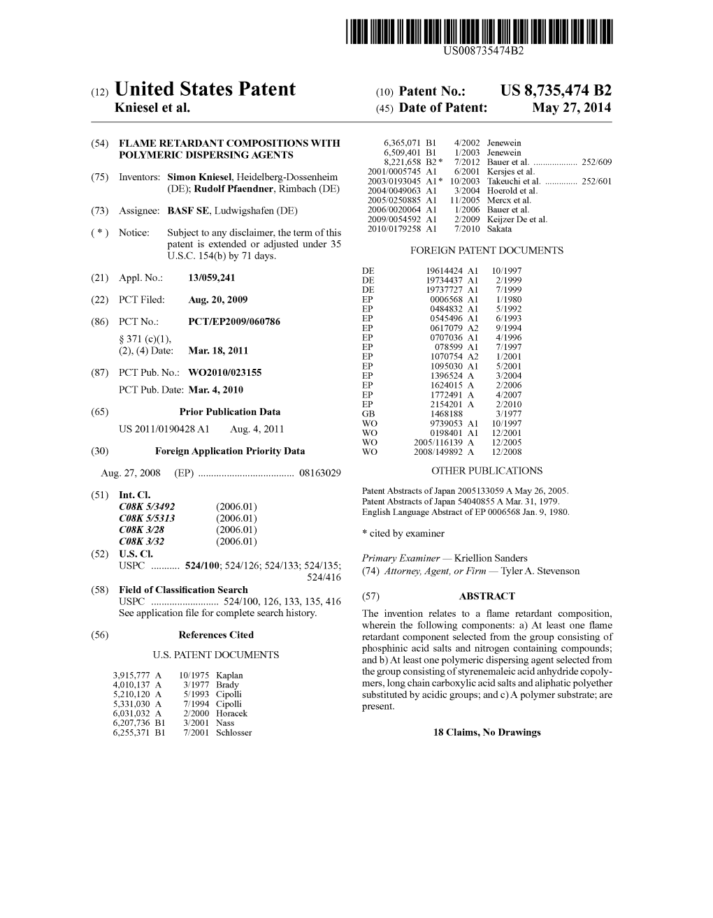 (12) United States Patent (10) Patent No.: US 8,735,474 B2 Kniesel Et Al