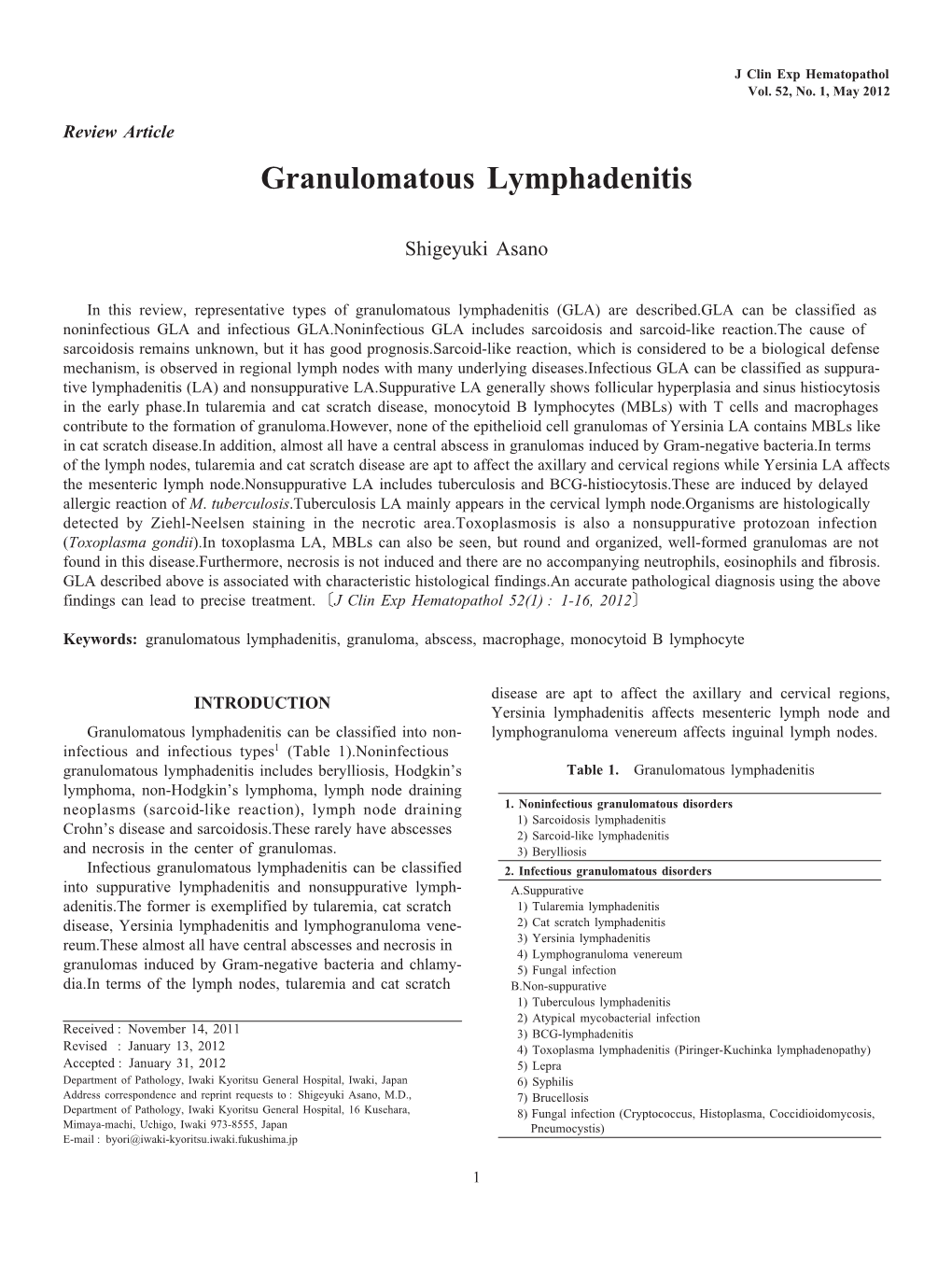 Granulomatous Lymphadenitis