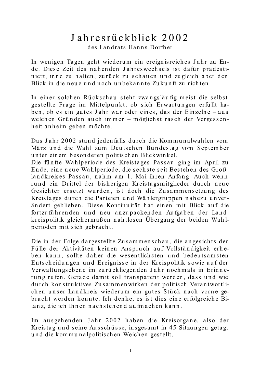 Jahresrückblick 2002 Des Landrats Hanns Dorfner