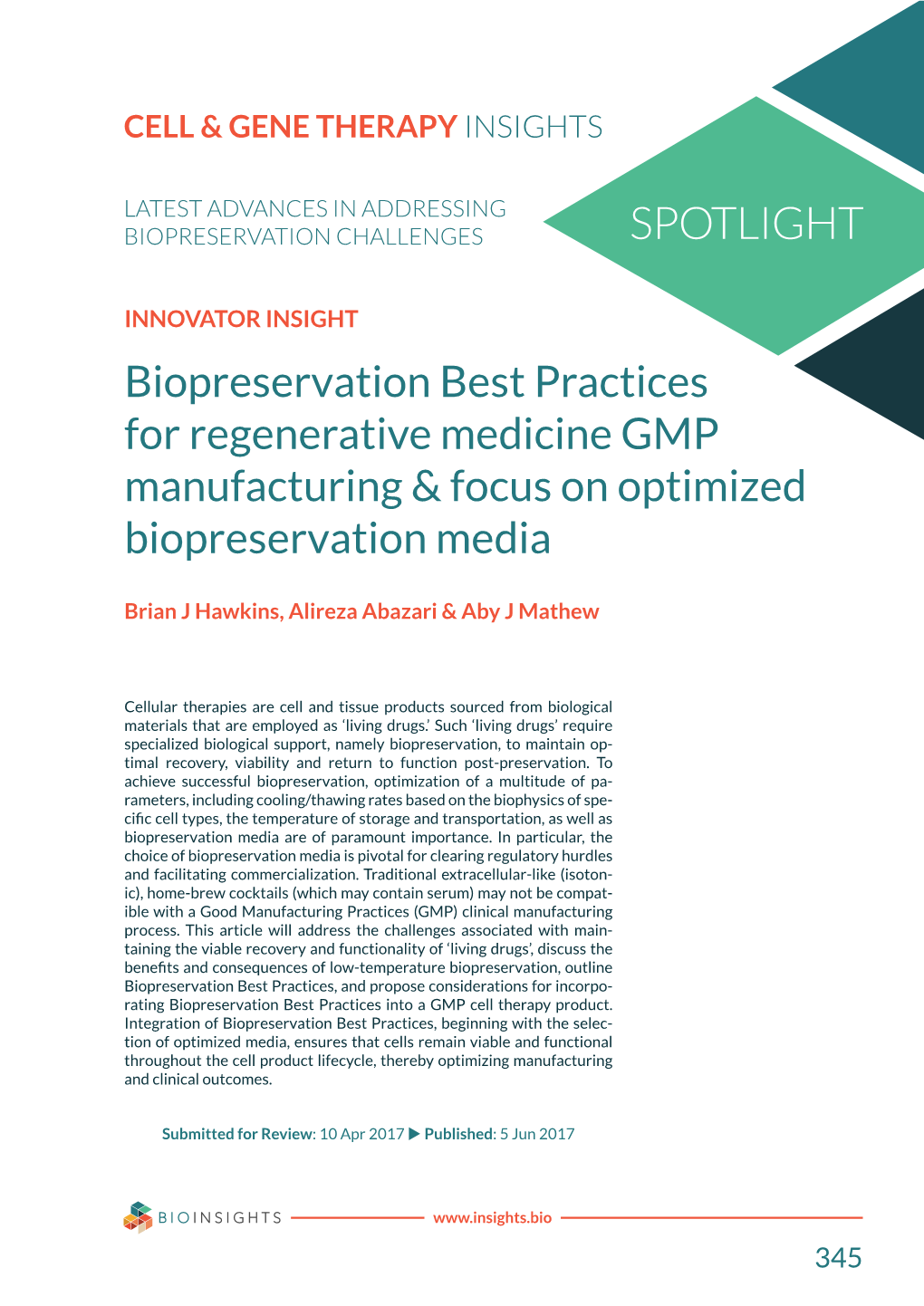 Biopreservation Best Practices for Regenerative Medicine GMP Manufacturing & Focus on Optimized Biopreservation Media