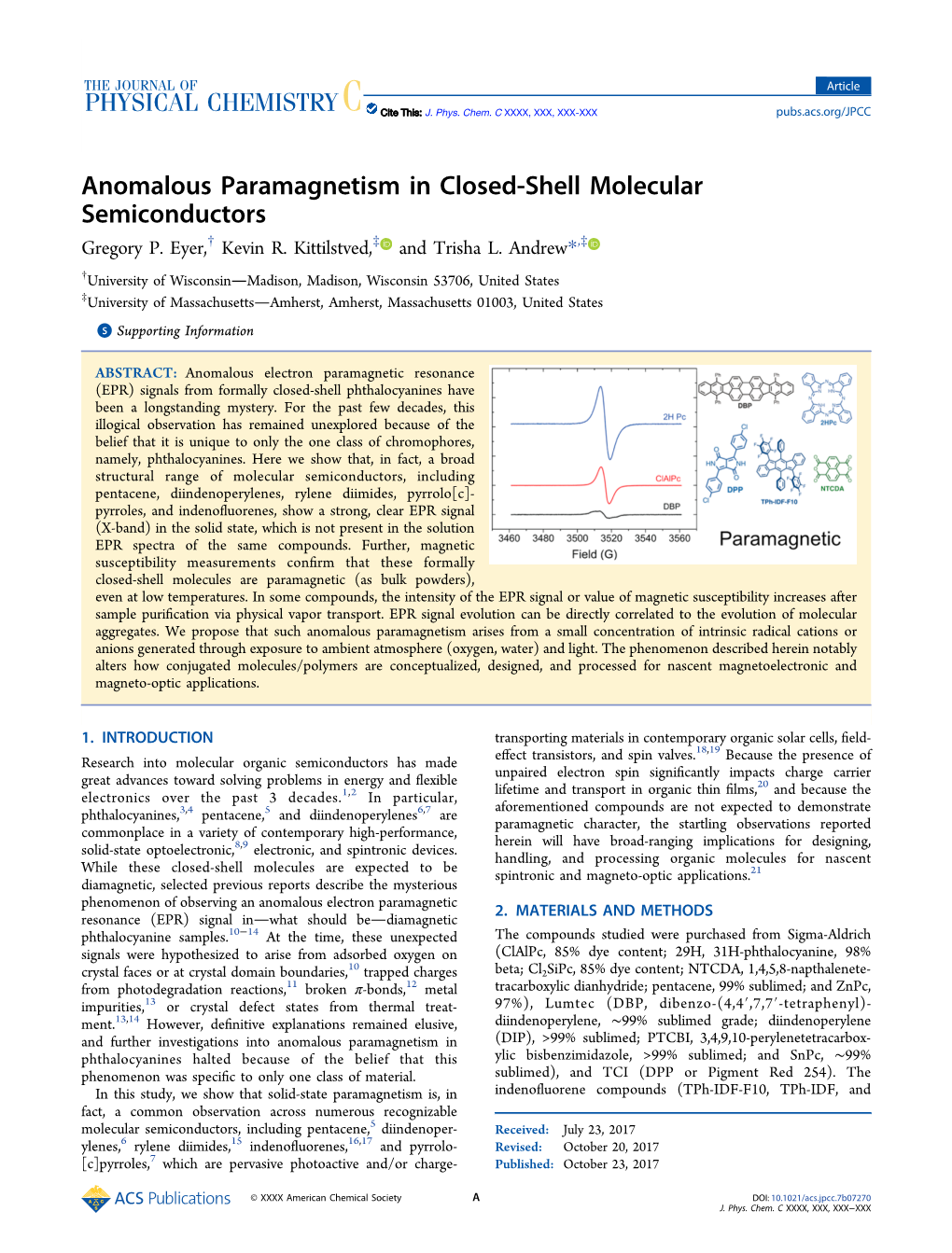 Anomalous Paramagnetism in Closed-Shell Molecular Semiconductors † ‡ ‡ Gregory P