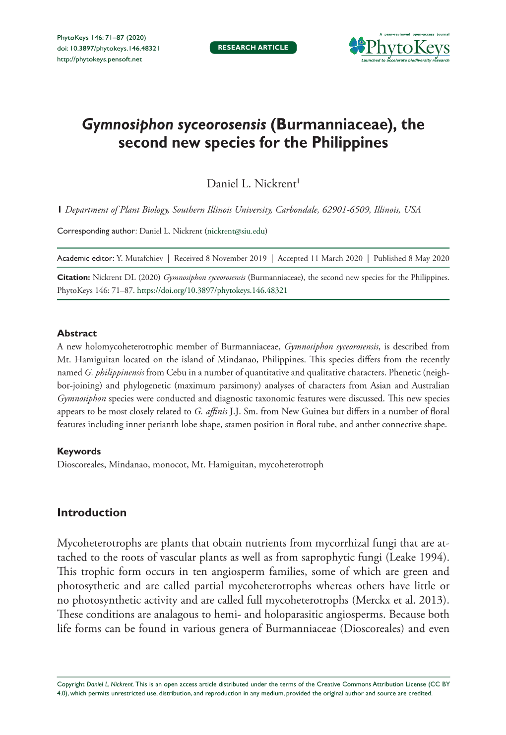 Gymnosiphon Syceorosensis (Burmanniaceae), the Second New Species for the Philippines