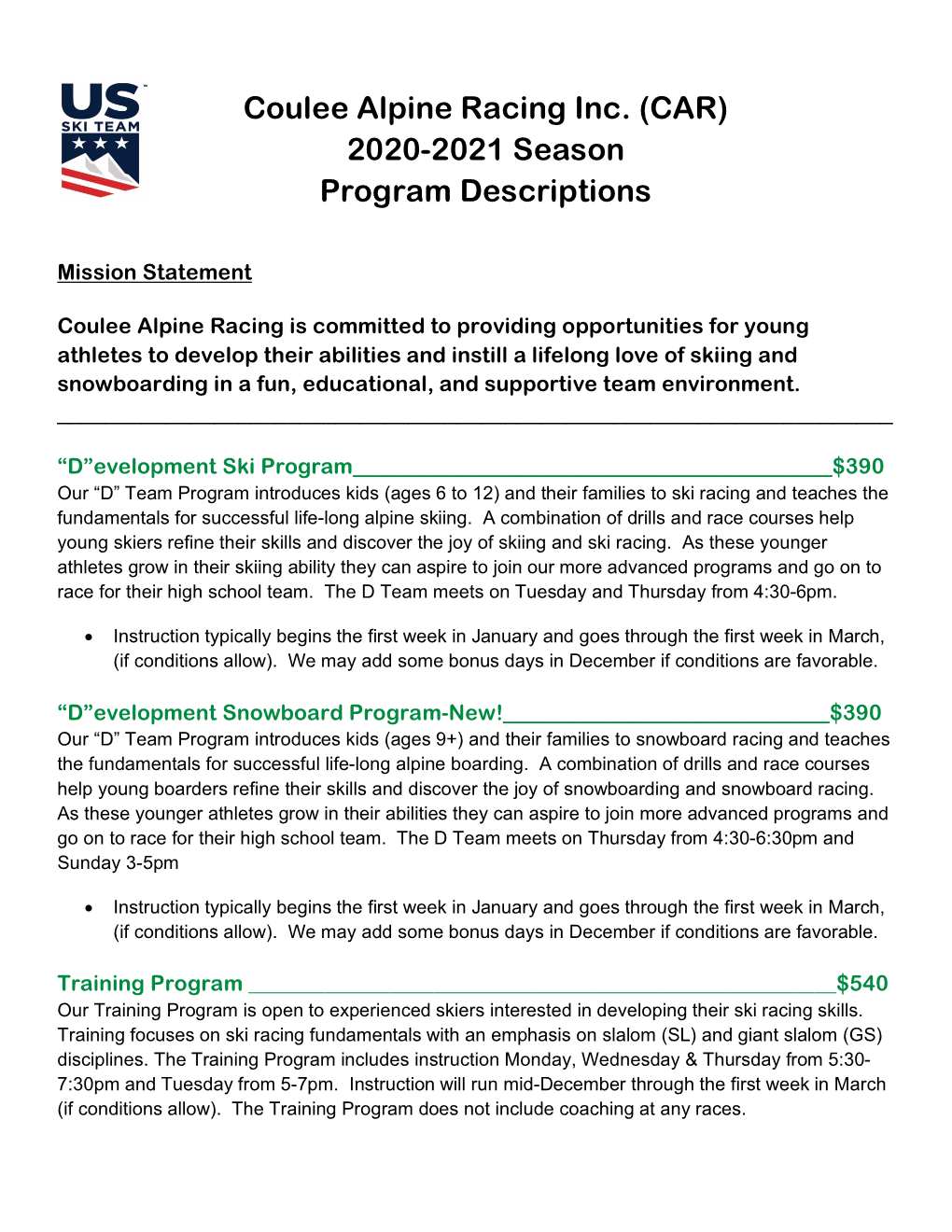 Coulee Alpine Racing Inc. (CAR) 2020-2021 Season Program Descriptions