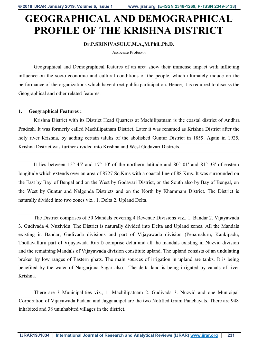 Geographical and Demographical Profile of the Krishna District