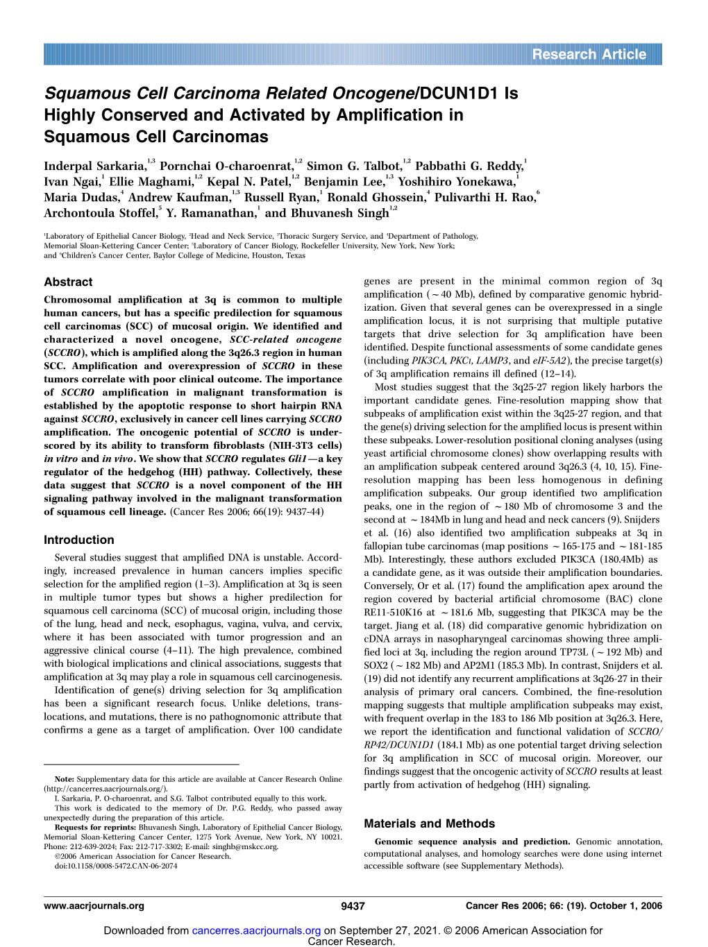 Squamous Cell Carcinoma Related Oncogene/DCUN1D1 Is Highly Conserved and Activated by Amplification in Squamous Cell Carcinomas