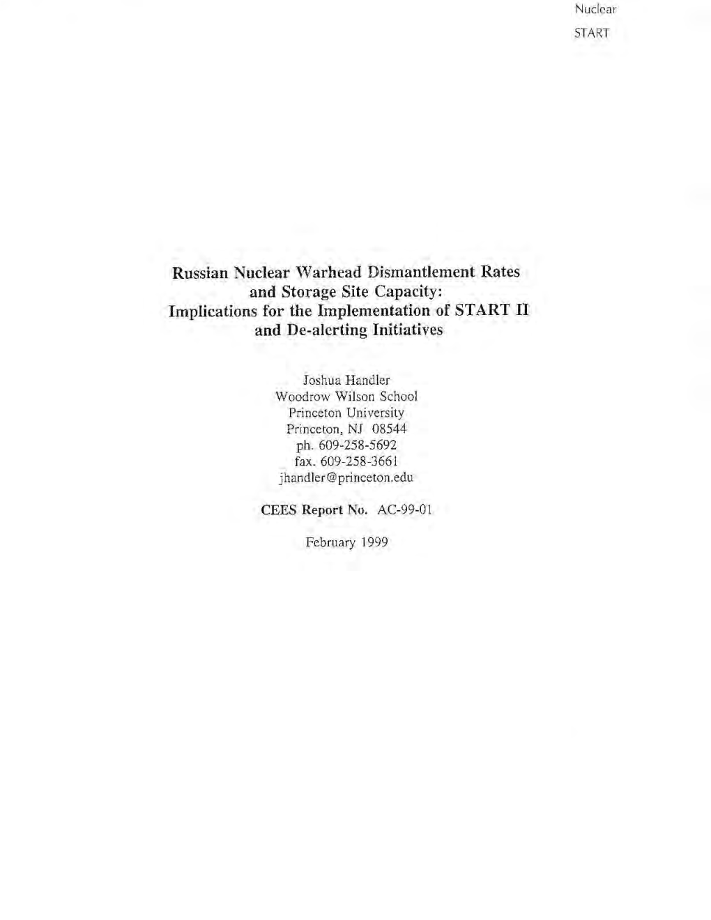 Russian Nuclear Warhead Dismantlement Rates and Storage Site Capacity: Implications for the Implementation of START II