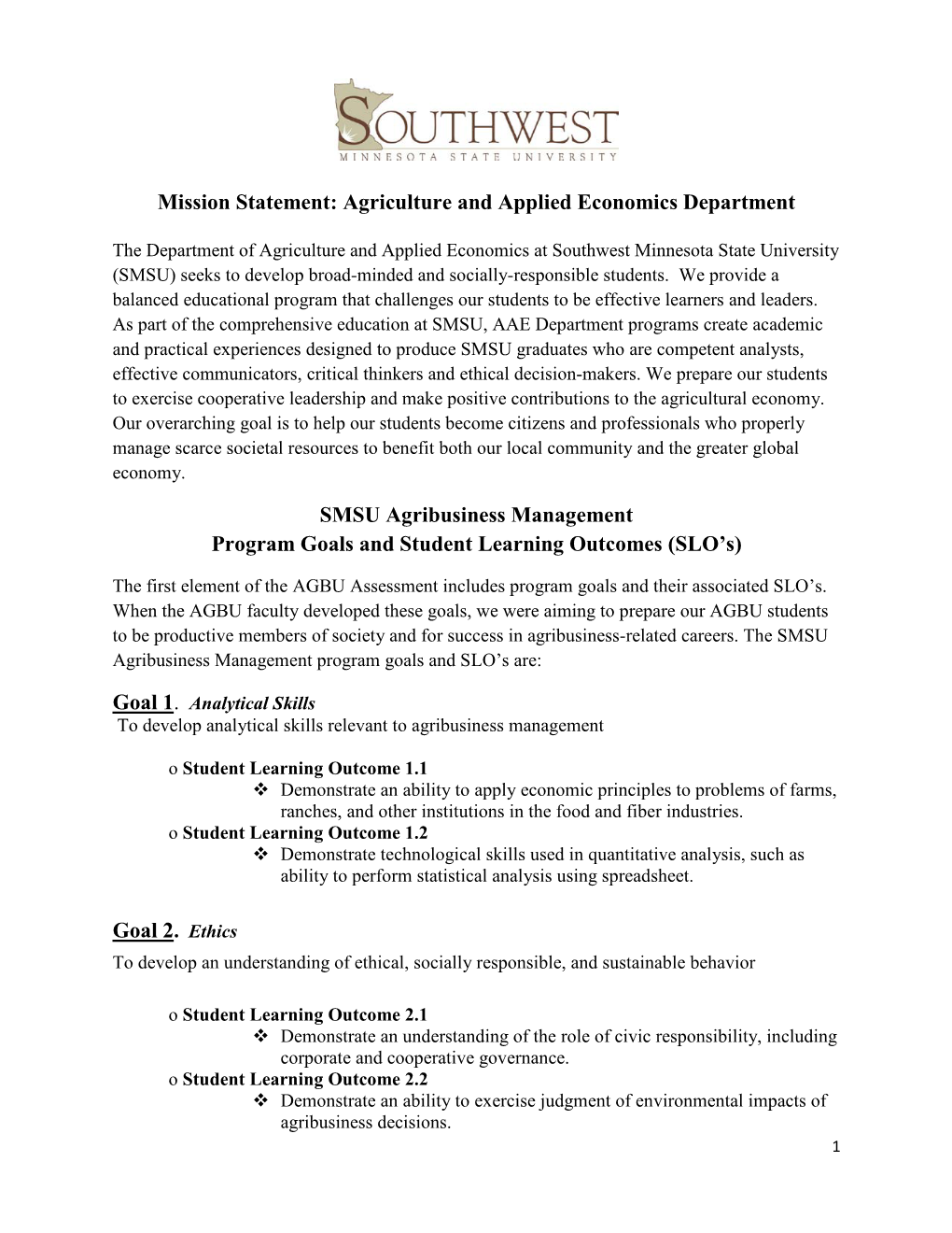 Agribusiness Management Program Goals and Student Learning Outcomes (SLO’S)